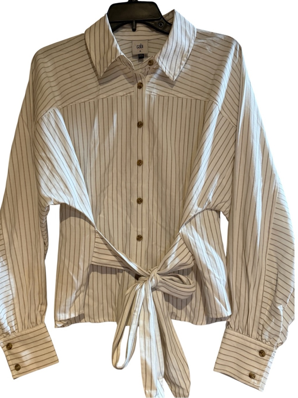 Cabi Tan Stripe Button Down Tie Front Blouse Size M